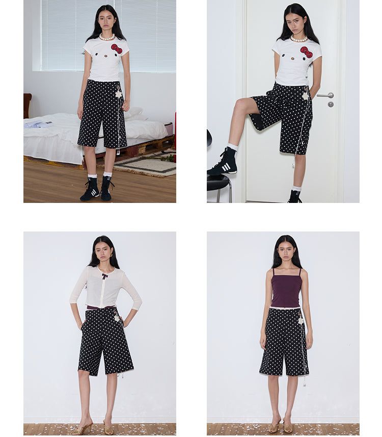 rirri 25 Spring/Summer Collection - カジュアルブラック&ホワイトポルカドットクロップドパンツ (高密度コットン100%)
