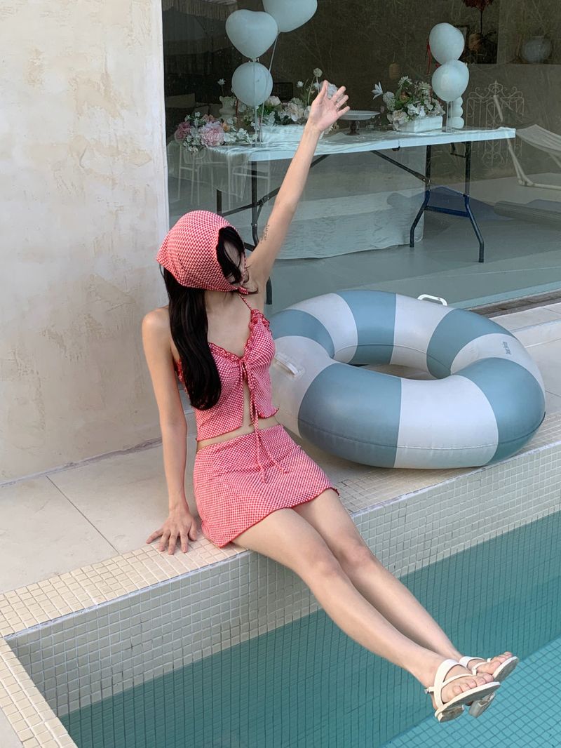 Picnic Girl Gingham Headscarf 3pcs Bikini SET
