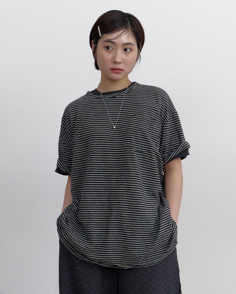 Stripe Washed Pocket Damage Tee