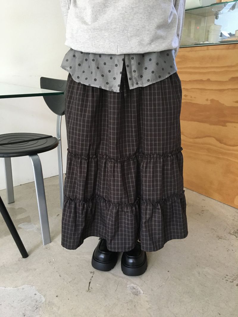 Maroon check long skirt (2color)
