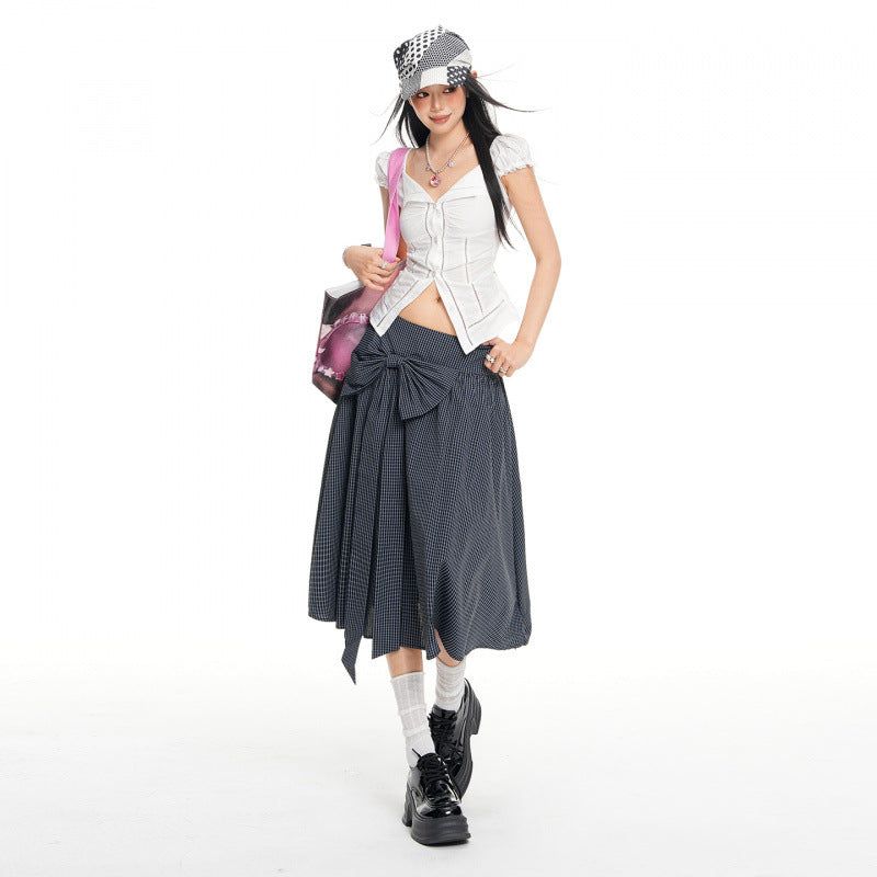 Navy Plaid Bow A-Line Midi Skirt