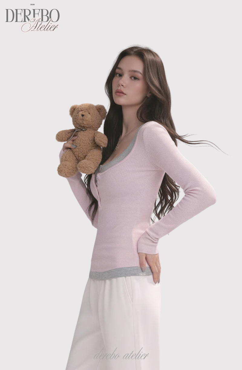 Pink bear ribbed long-sleeved T-shirt