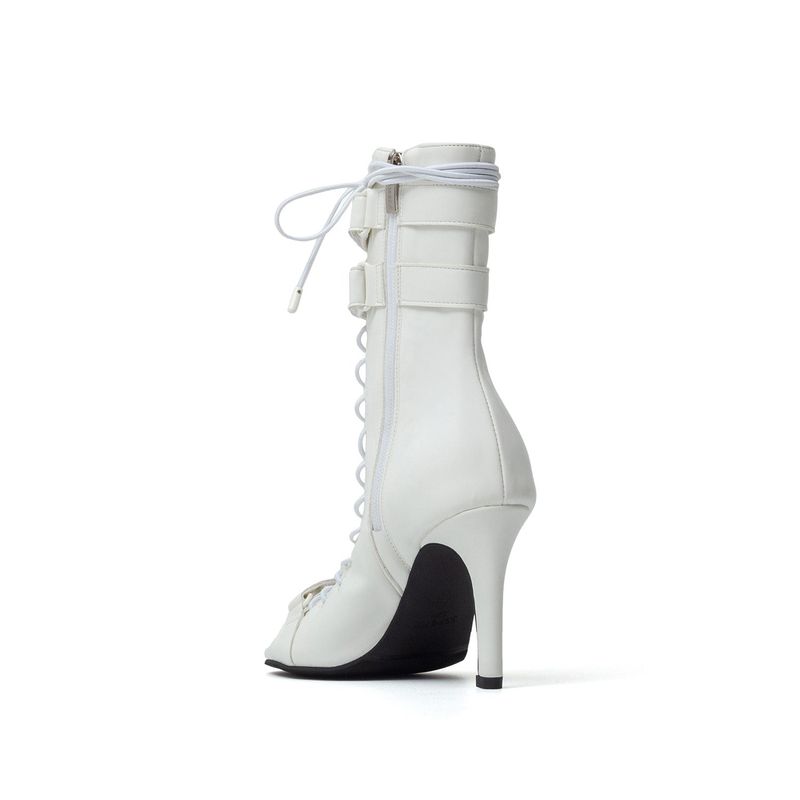 Double Strap Lace-Up Open Toe Heel(White)