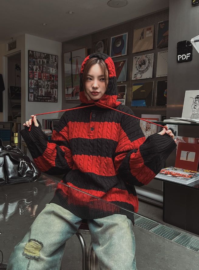 Stripe cable hood warmer knitwear
