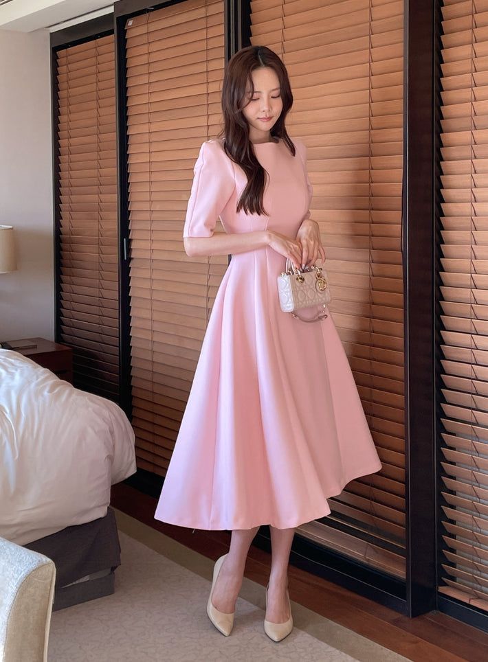 Tian Boat Neck Puff Flare Long One Piece