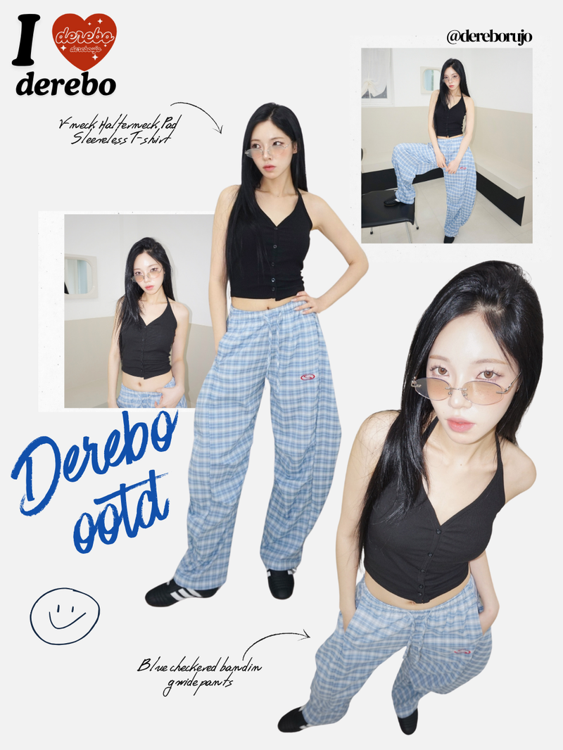 Blue checkered banding wide pants