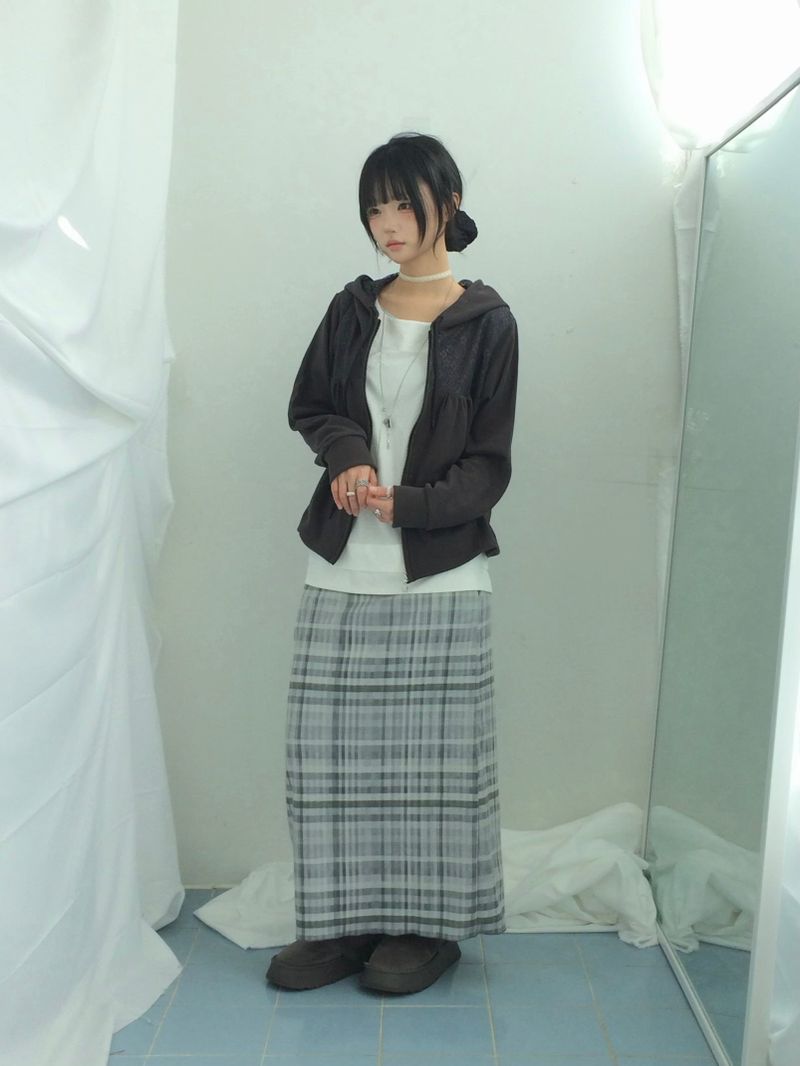 Flower Lace Half-Shirring Hooded Zip-Up