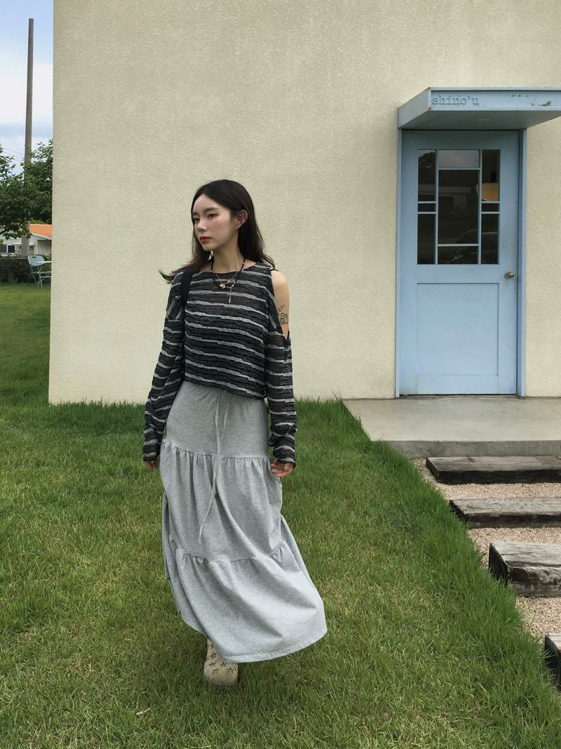 Shuming Unbal Shirring Banding Long Skirt (2c)  