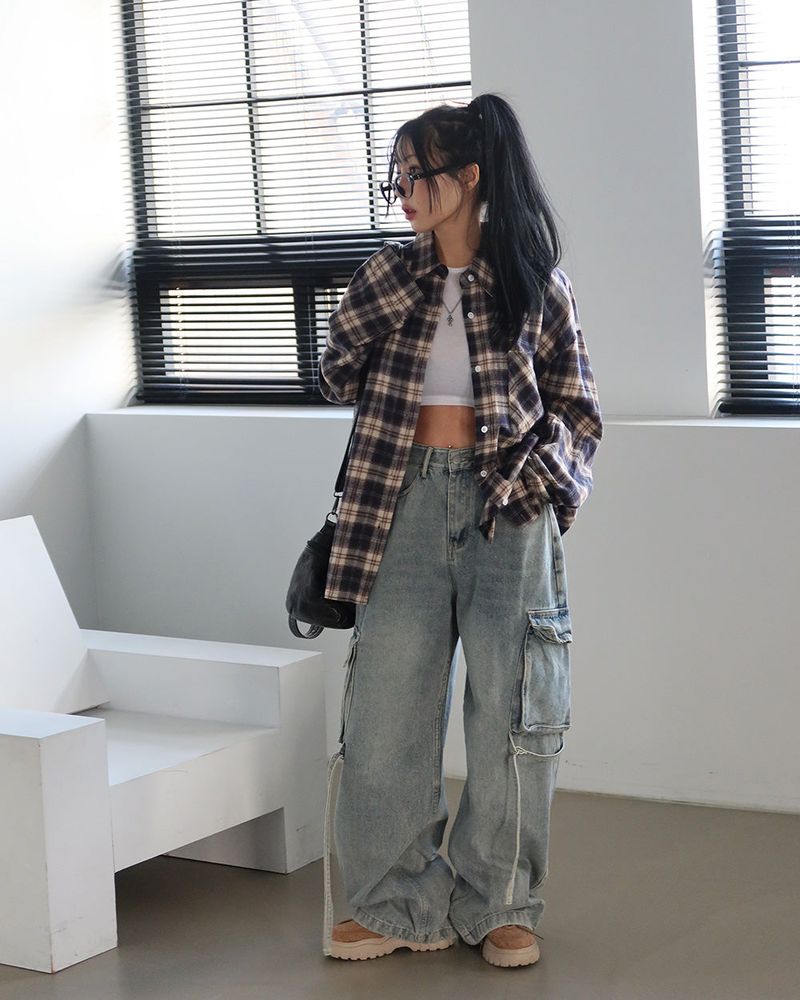 a navy checkered shirt