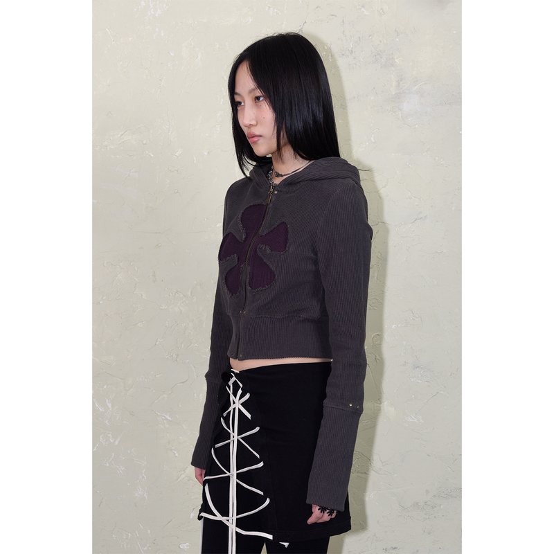 RIBBED FLOWER CROP HOODIE