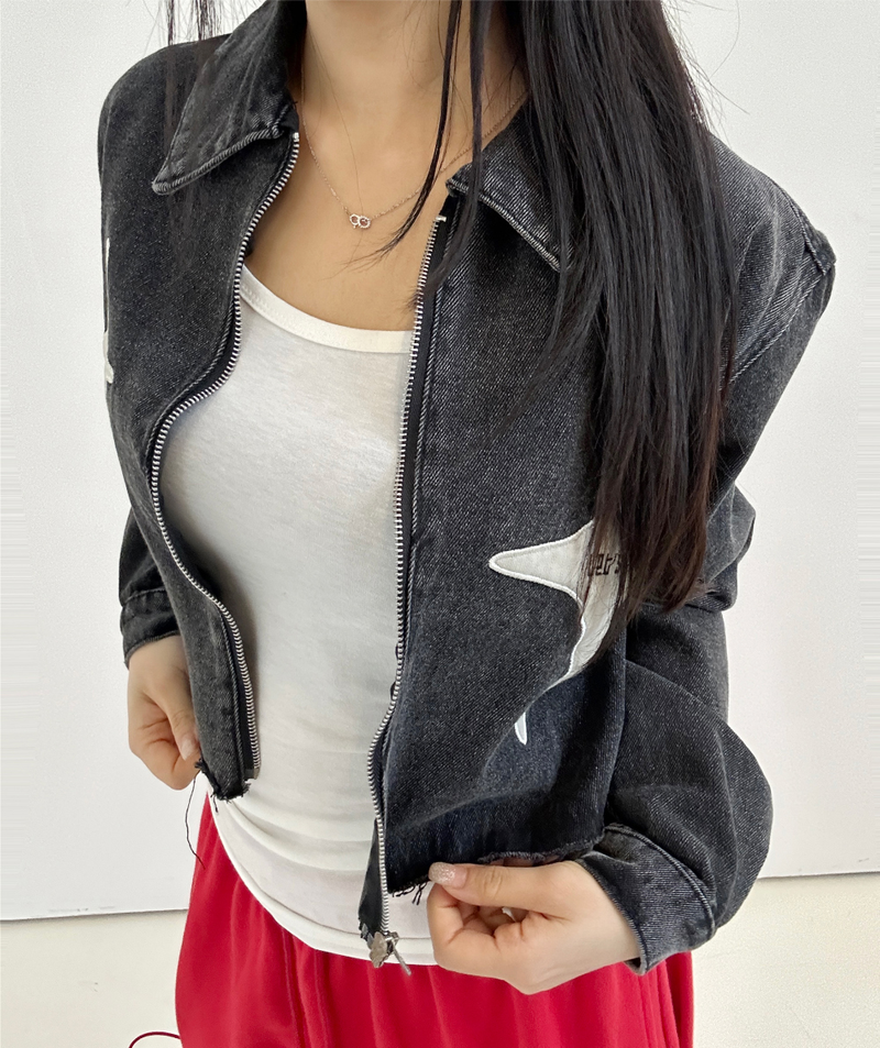 BACK STAR POINT + DAMAGED DARK BLUE DENIM JACKET🖤