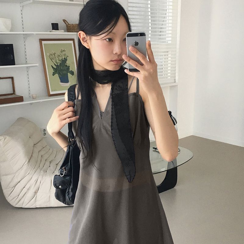 Haple see-through slit ribbon strap layered tank top mini dress