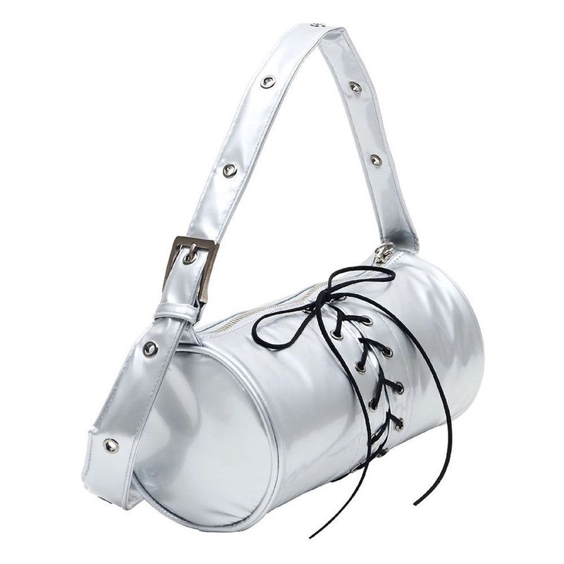 Don't Ask My Plan (DAMP)(ドントアスクマイプラン)の「2WAY BELTED STRAP BARREL BAG SMALL_GLOSSY SILVER(Bags)」