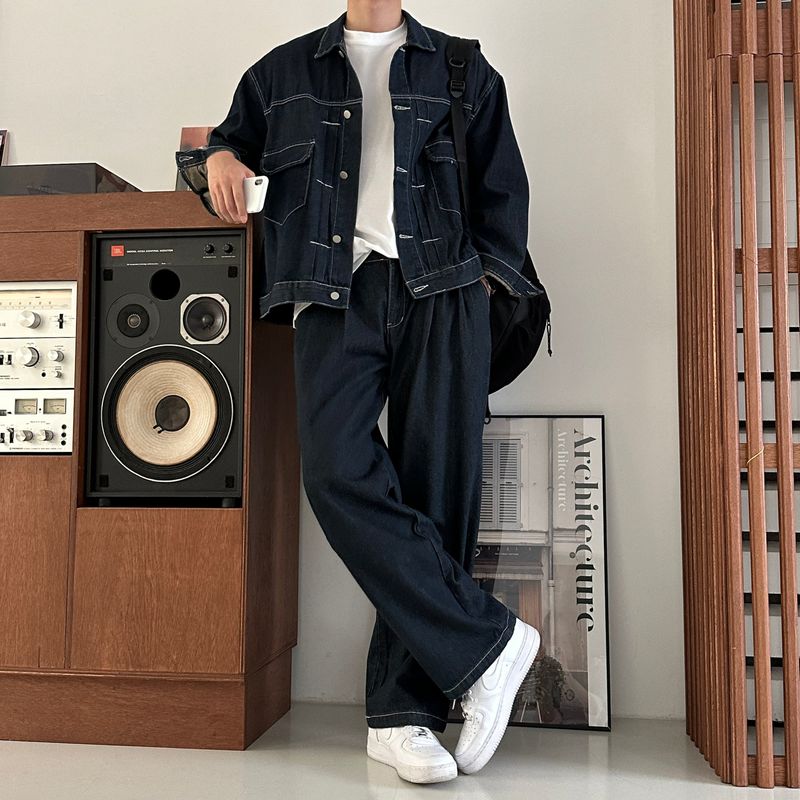LMN log Oversized fit stitch denim setup jacket (2 colors)