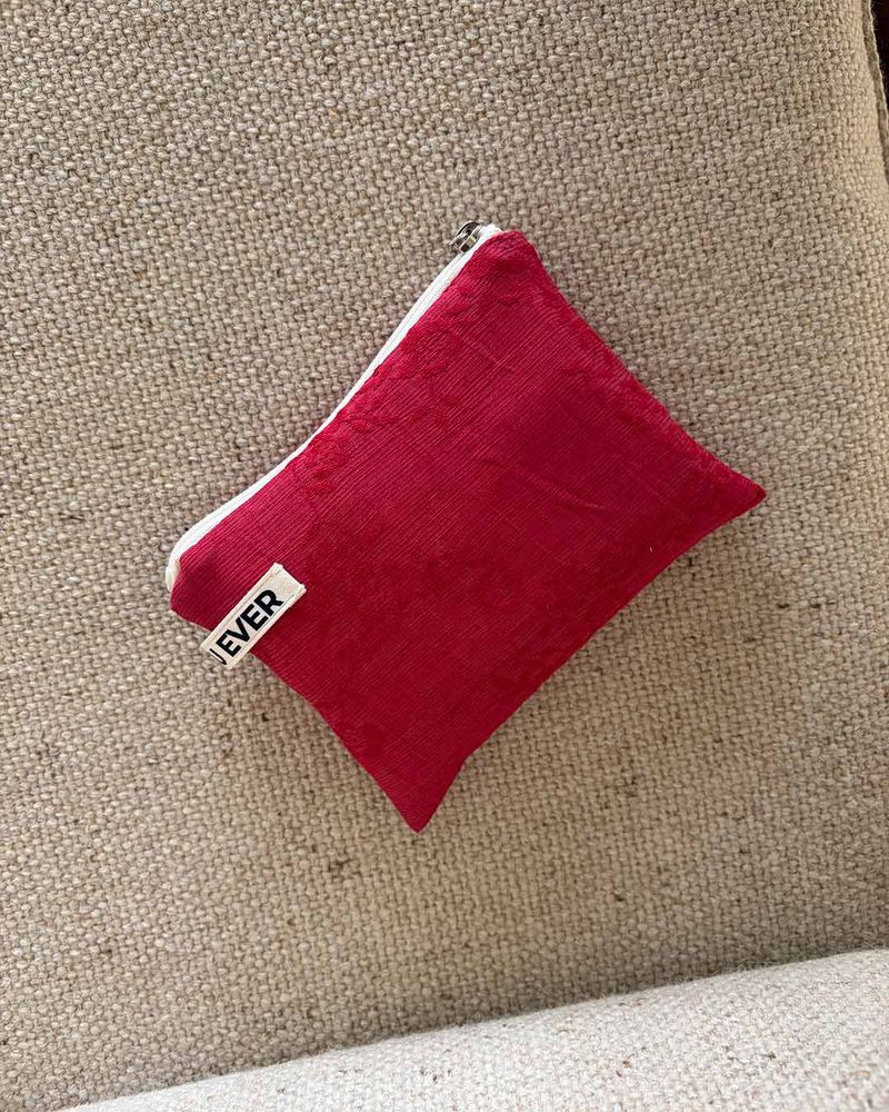 Linen floral flat pouch - red , M size