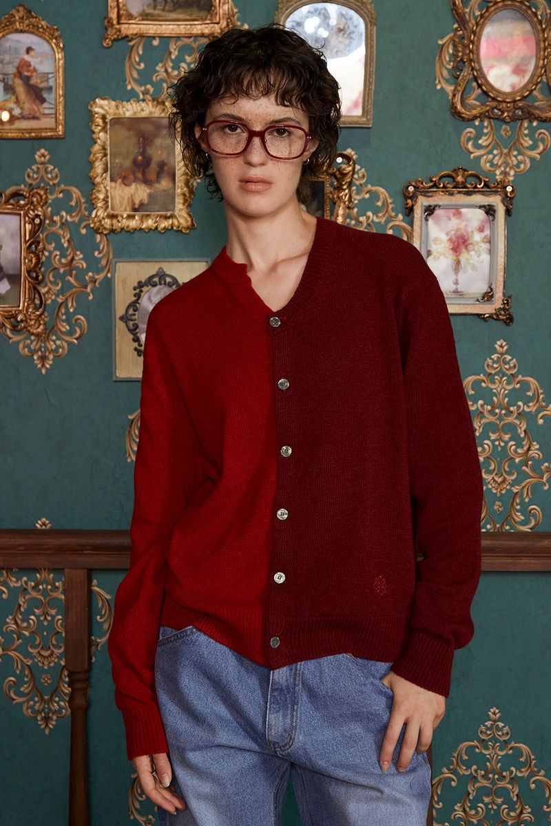 ASYMMETRY WOOL CARDIGAN / WINE&RED
