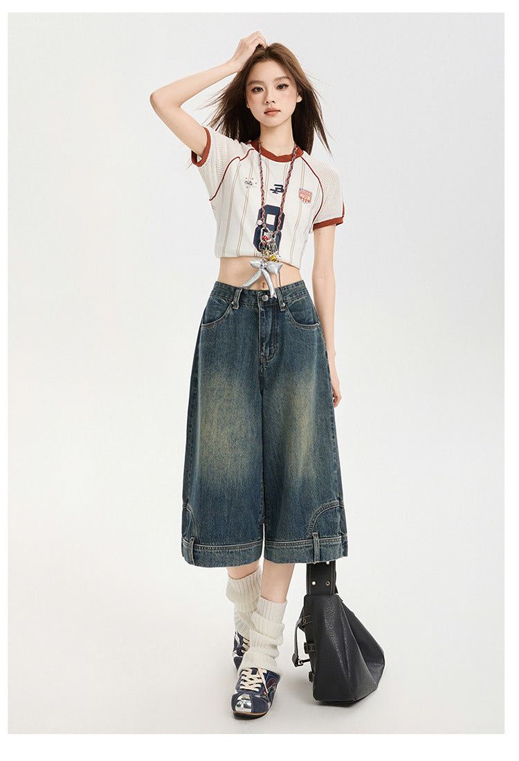 Reversed Detail Wide Denim Bermuda Pants