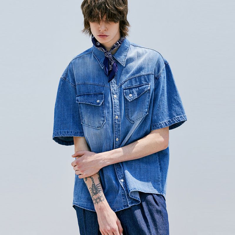 WASHED DENIM WESTERN SHIRT BLUE