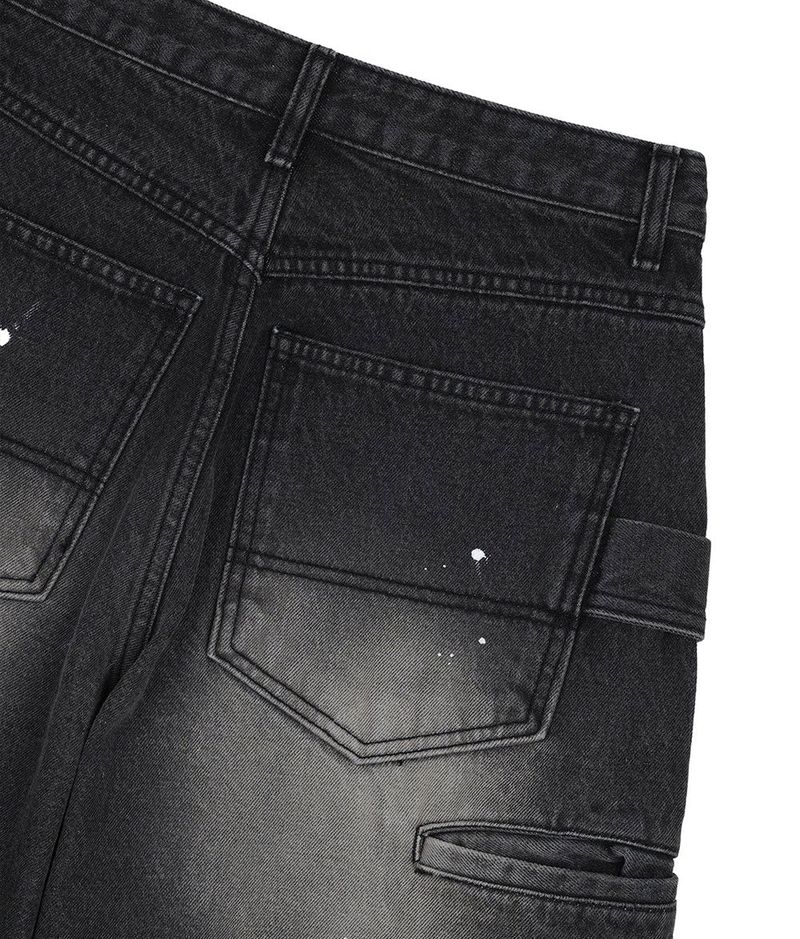 Curved Double Knee Denim Pants - Black