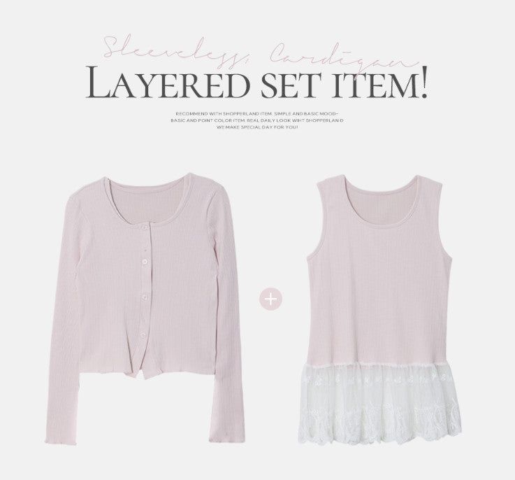 SHOPPERLAND(ショッパーランド)の「#Pure Rib Layered Lace Sleeveless Dress + Cardigan Set (4color)(Tops)」