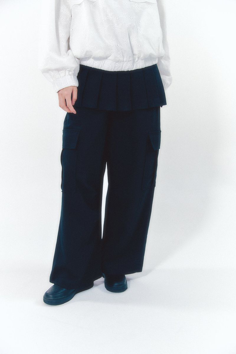Pleats Skirt Cargo Pants Set Black