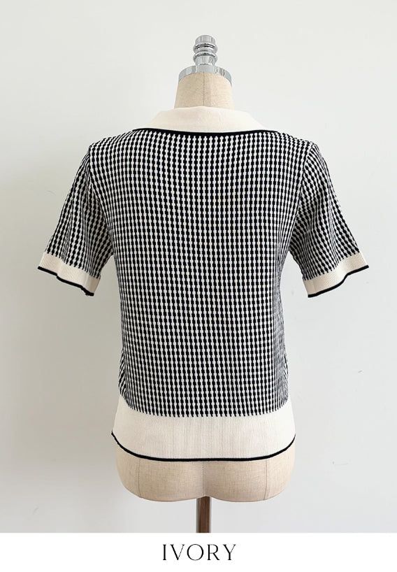 Carson Collar Color Matching Check Knit Cardigan