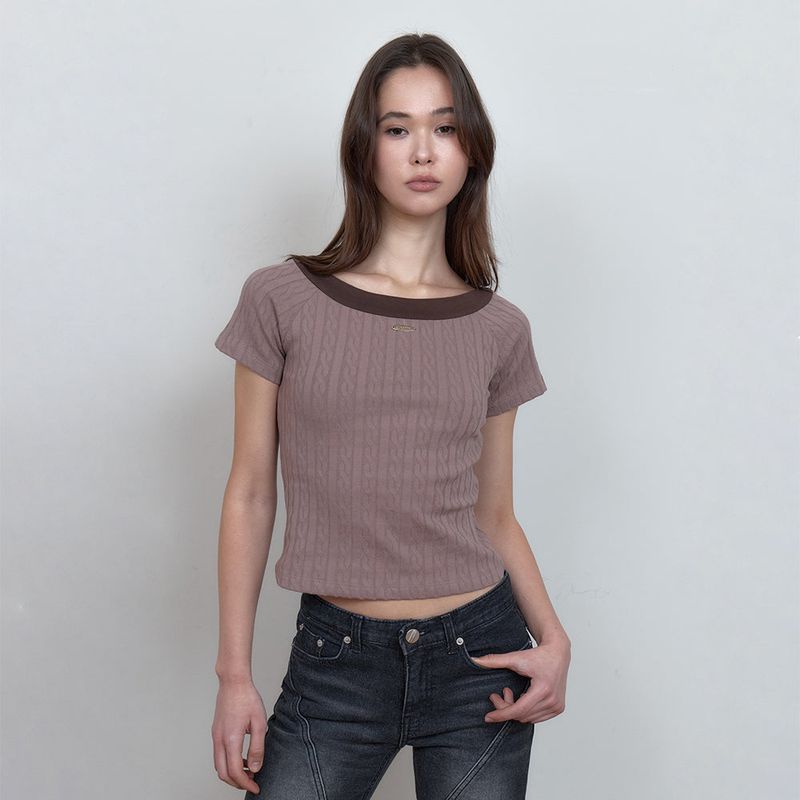 C CABLE BOAT-NECK T-SHIRT_BROWN