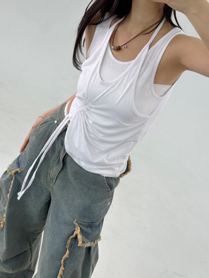 LAYERED SHIRRING POINT SLEEVELESS🤎💚🖤🤍 - 4 COLORS