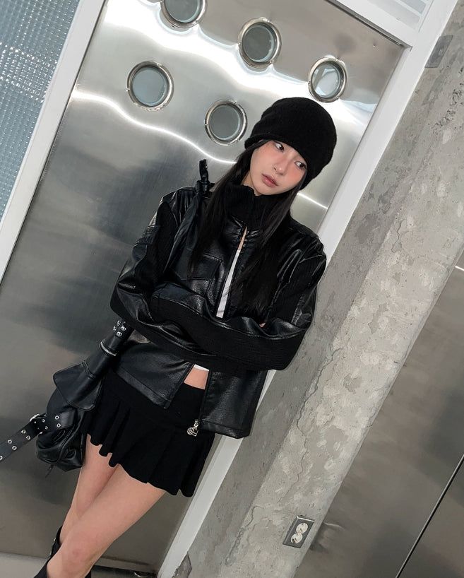 [LANARCH] Amber Leather Pocket Neck Zip-Up