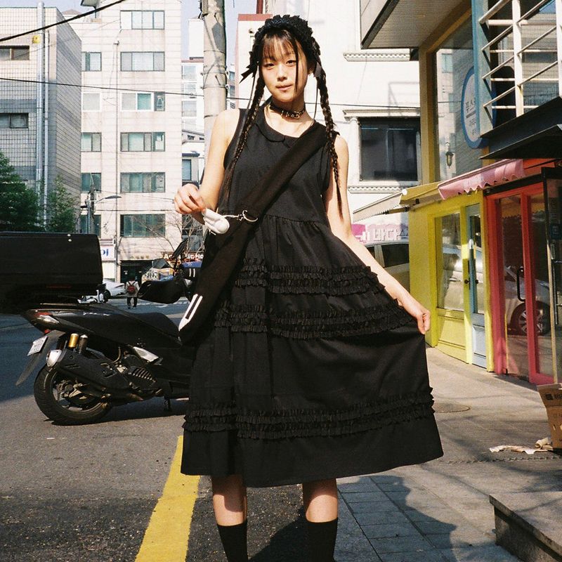 Doll Collar Frill Dress - Black