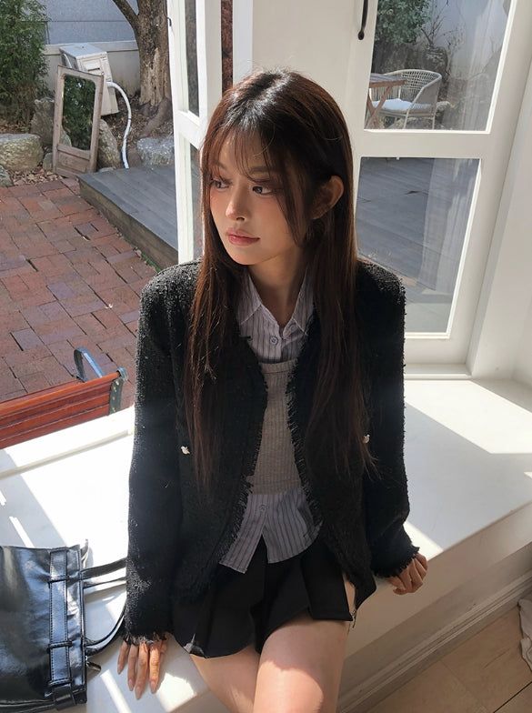 Conbe No Collar Fringe Tweed Jacket
