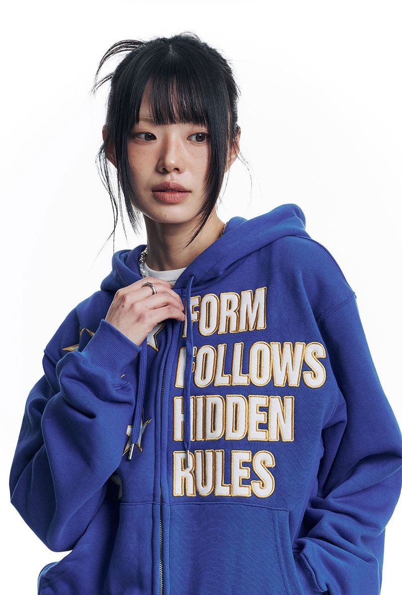 Star Lettering Patch Hoodie Zip-Up - Blue