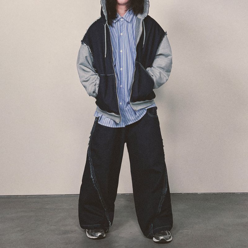 layered deconstructed denim pants_blue