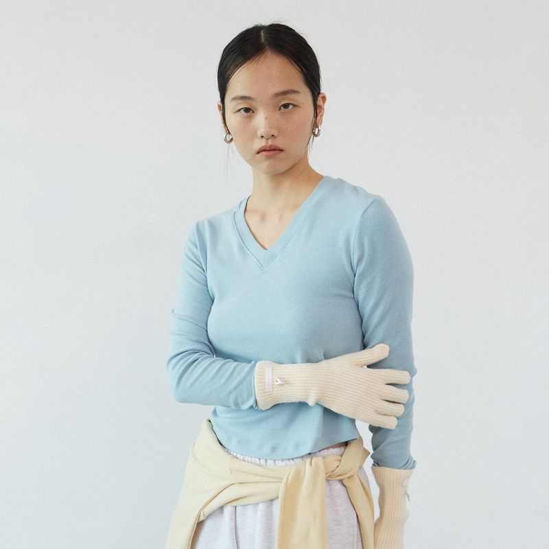 Wool V-neck daily long sleeve_sky blue