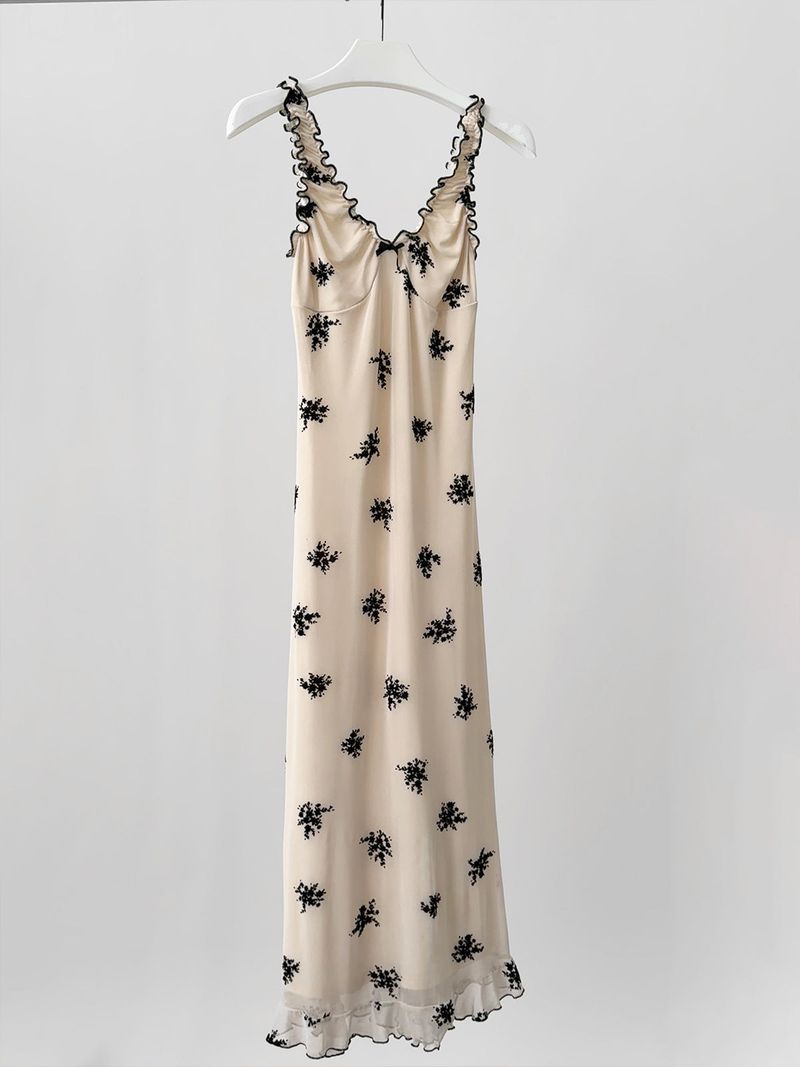 Beige Black Flower Long Dress