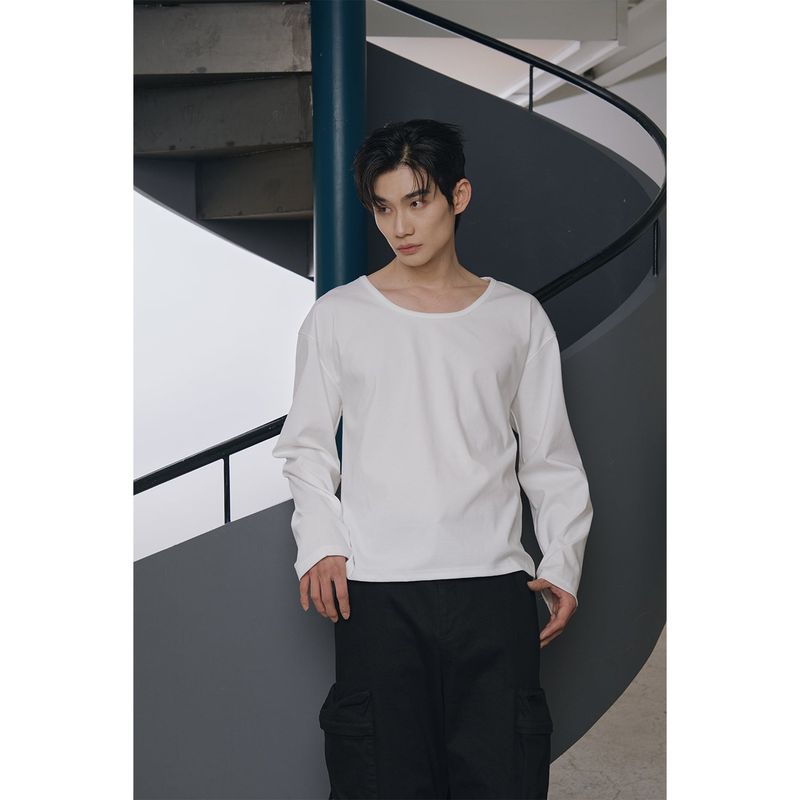 Brushed crop u neck long sleeves(White)