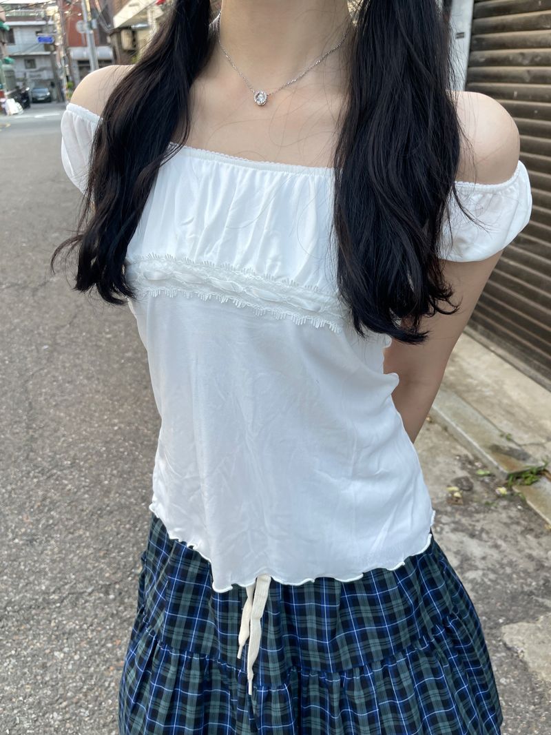 Tommy off-shoulder ribbon sheer top