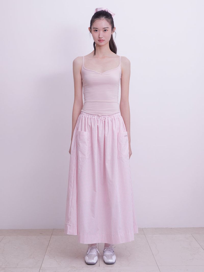 Gingham check pocket shirring Long skirt (PINK)