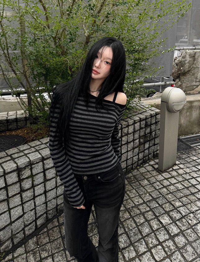 26SS★ [MADE] One-Shoulder Open Stripe Tee