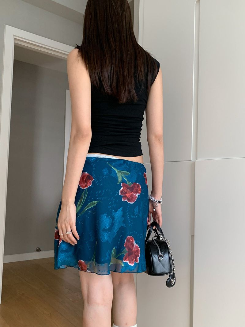 Red flower blue chiffon chiffon skirt