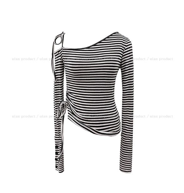 Delitte Stripe Unbalanced Shoulder Long Sleeve