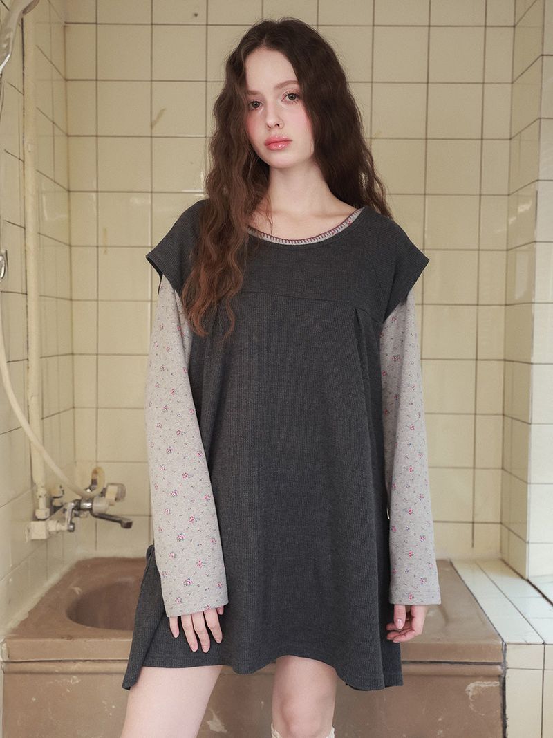 Pintuck waffle flare dress  / gray
