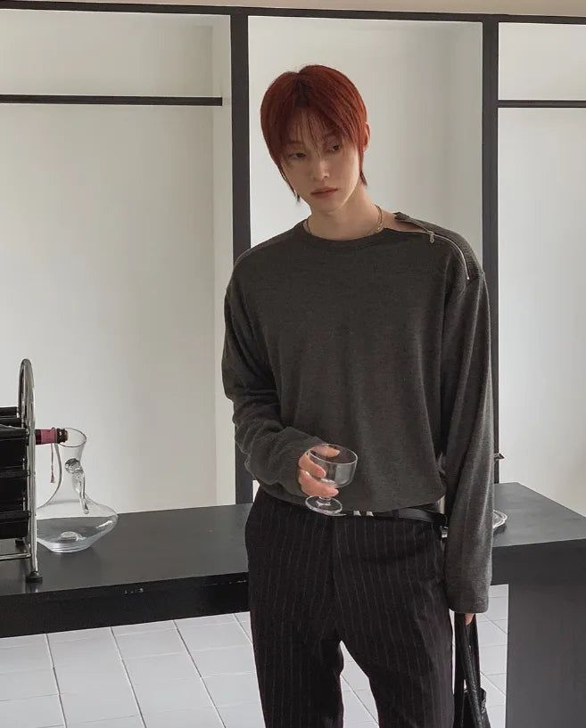 Roda Ribbed Diagonal Zipper Long Sleeve T-shirt