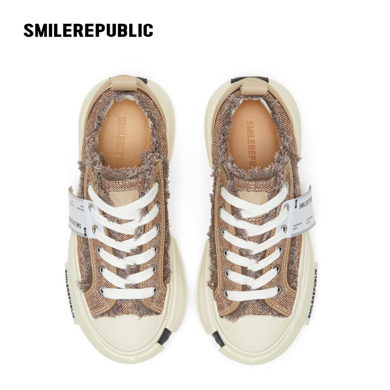 Cinnamon Brown Frayed Herringbone Chunky Platform Sneakers, Low Top Lace Up Shoes