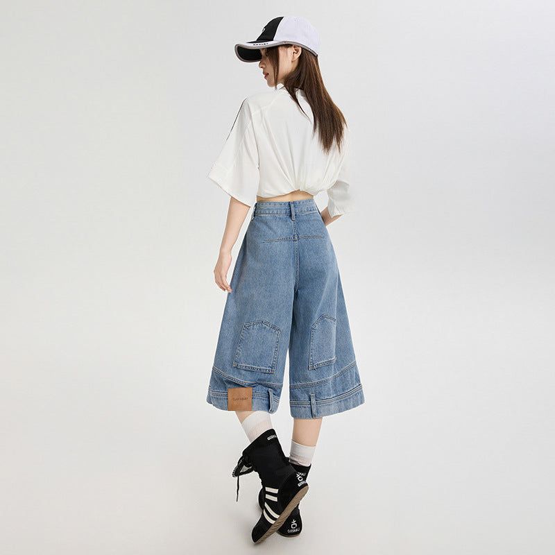 Reversed Detail Wide Denim Bermuda Pants