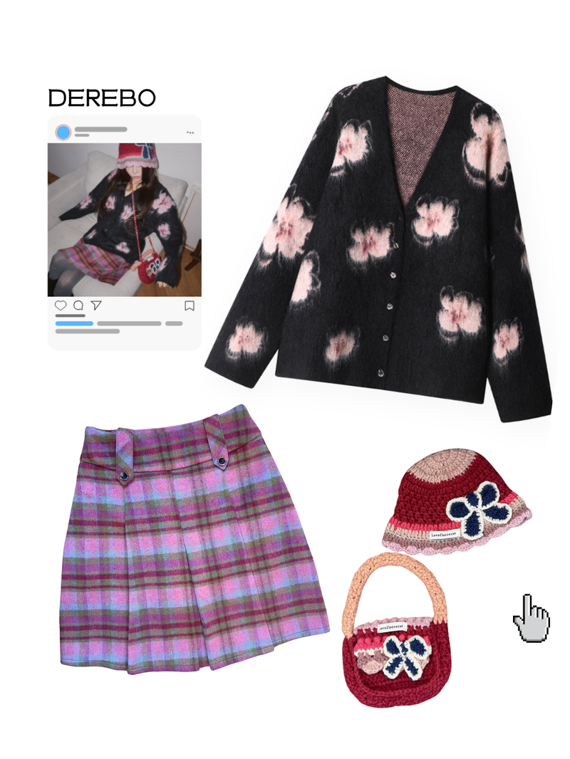 Hot Pink Knit Flower Bunk Hat & Bag Set