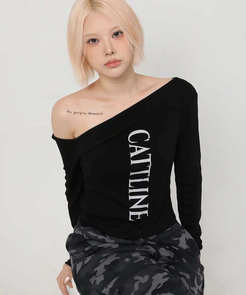 One Shoulder Logo Snap T-shirt_black