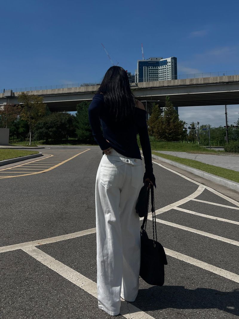 Y2K Back Point X Strap Bijo Wide Loose Fit Denim Long Pants (White)