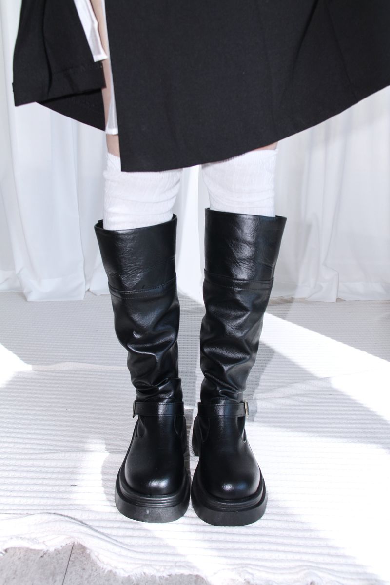 Buckle Leather Half Middle Boots