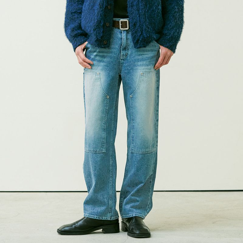 STRAIGHT DOUBLE KNEE WASHED DENIM PANTS BLUE